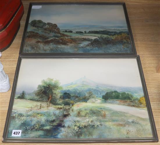 D. Ford, pair of watercolours, Glastonbury Tor and another view, signed, 34 x 49cm